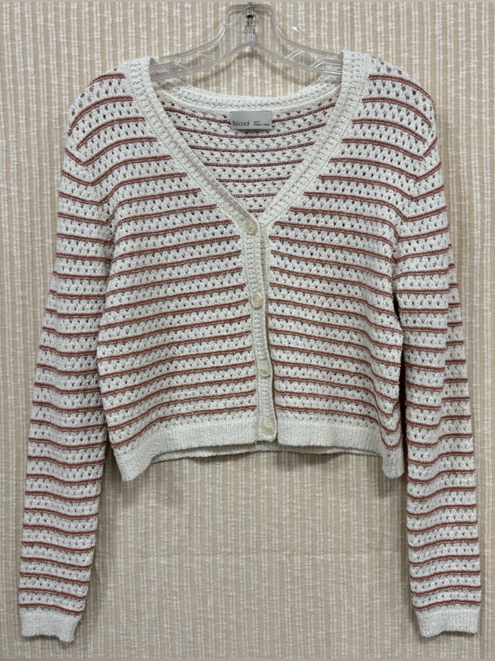 Striped Cream and Rust Crochet V-Neck Cardigan